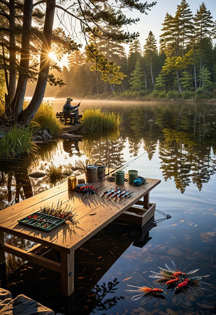 A serene lakeside scene at dawn with an array of colorful flies displayed artfully on a wooden table, showcasing different sizes and designs. In the foreground, an angler's hand gently selecting a fly, while hints of sunlight cast a warm glow over the water. In the background, lush trees frame the scene, reflecting the peacefulness of nature. Emphasize the charm of economical fishing gear that doesn't sacrifice aesthetics. super-realistic. vibrant colors. 3D.
