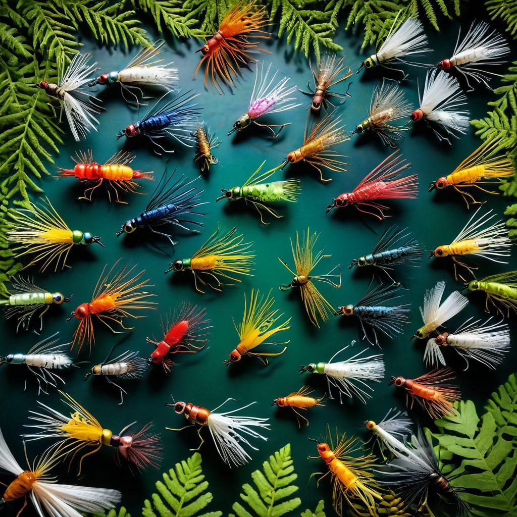 A stunning close-up of beautifully crafted flies in various colors and styles, surrounded by vibrant natural elements like lush greenery and sparkling water. Include a subtle background hinting at an outdoor setting, such as a tranquil river or pond, conveying a sense of relaxation and adventure. Emphasize the craftsmanship and diversity of the flies to highlight their economical value. Illustrate with rich, inviting colors to attract the viewer's attention. super-realistic. vibrant colors. nature backdrop.