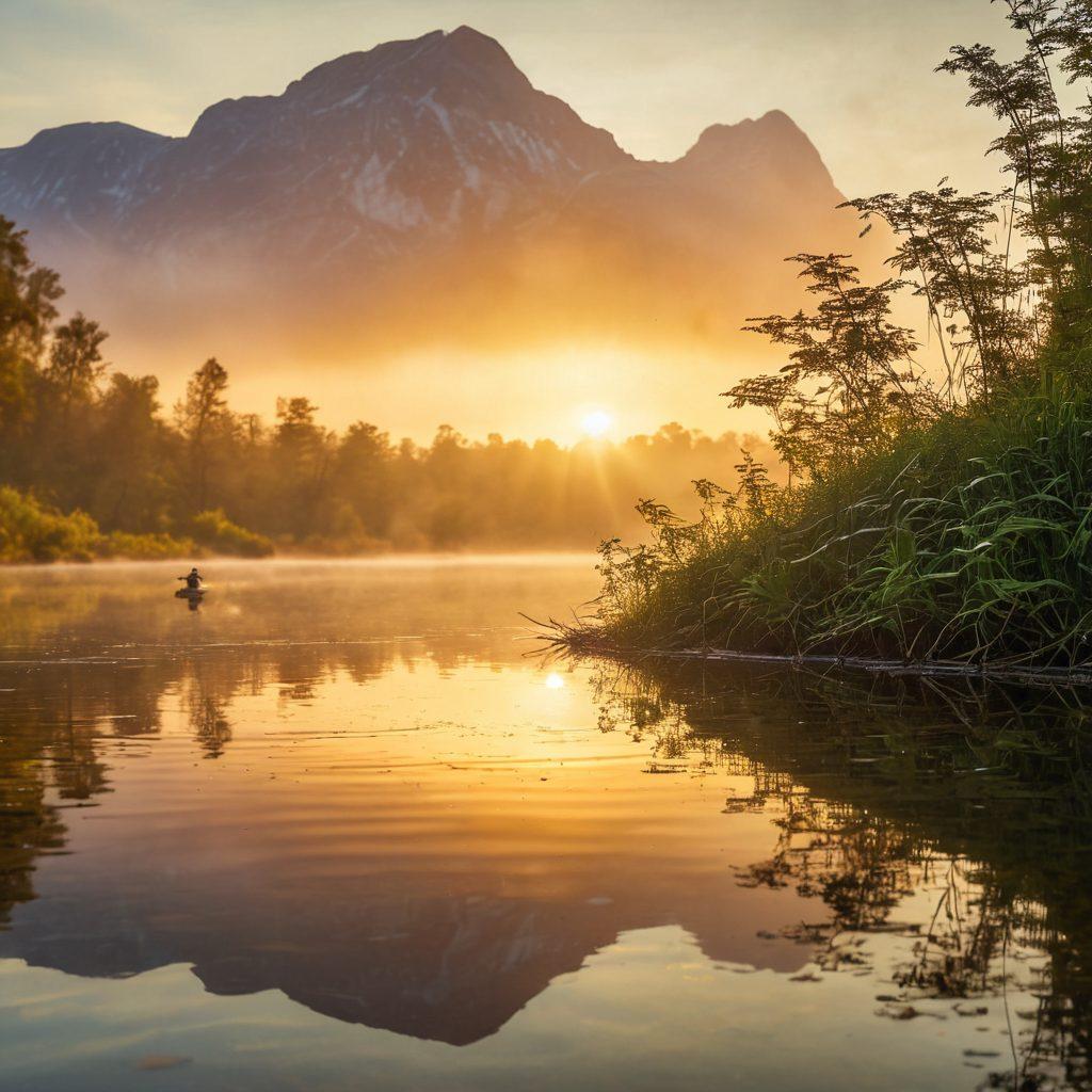 A serene lakeside at dawn, with an angler thoughtfully examining a variety of colorful fly selections. Gentle ripples on the water reflect the golden sunrise, while lush greenery surrounds the scene. Include a close-up of both traditional and innovative flies spread out on a rustic wooden table. Add a soft mist hovering above the water, hinting at early morning adventure. super-realistic. vibrant colors. natural lighting.